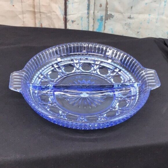 Vintage Blue Glass Divided Relish Dish With Handles - Picture 1 of 3
